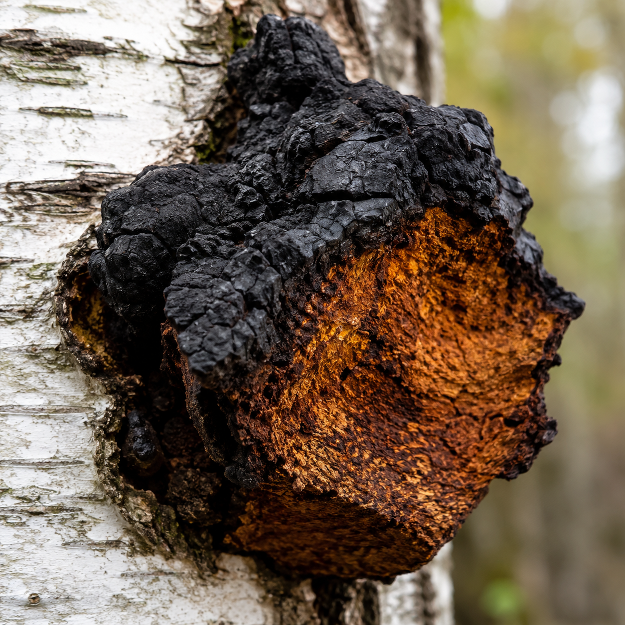 Chaga mushroom growing on birch bark