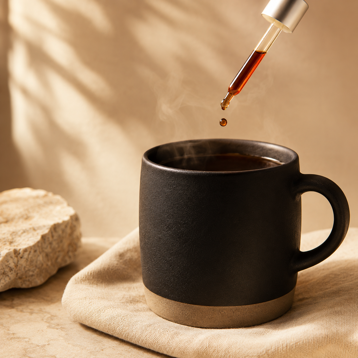 Functional mushroom drops being added to hot coffee