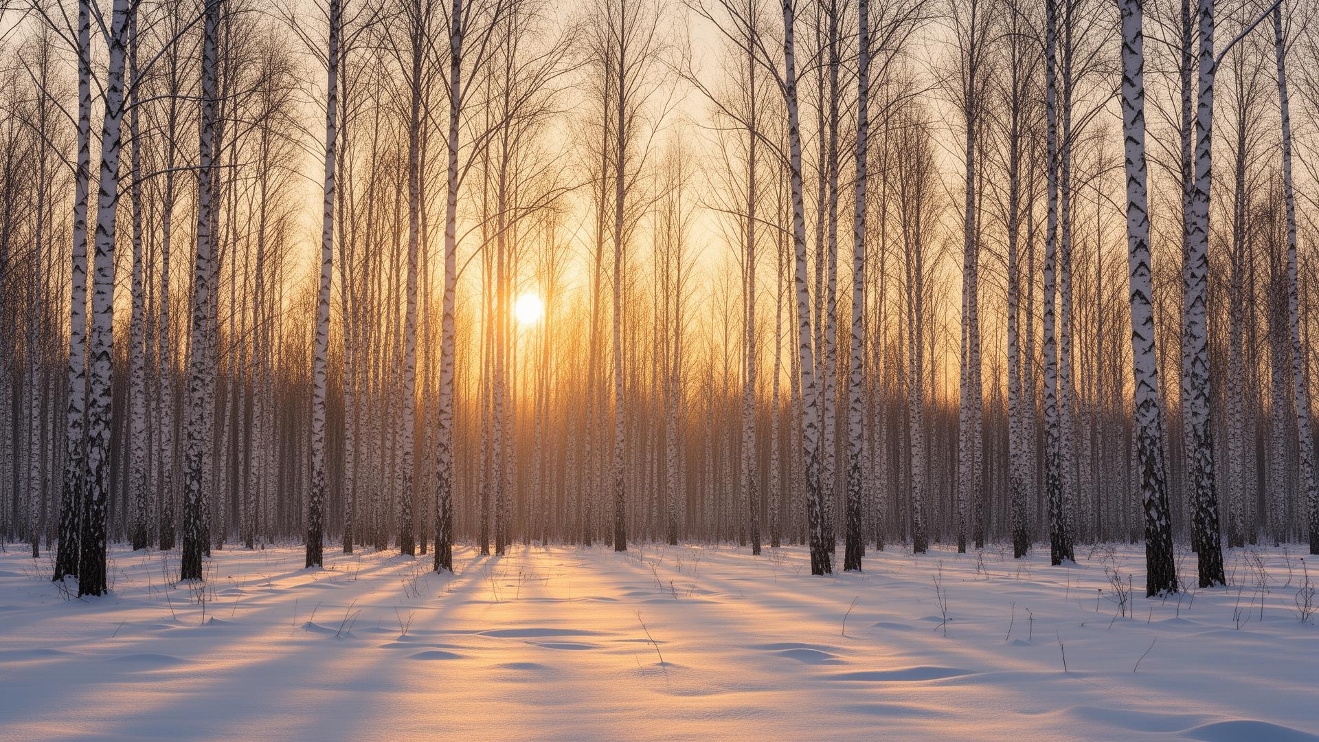 Sunrise in a snowy birch forest where Chaga grows